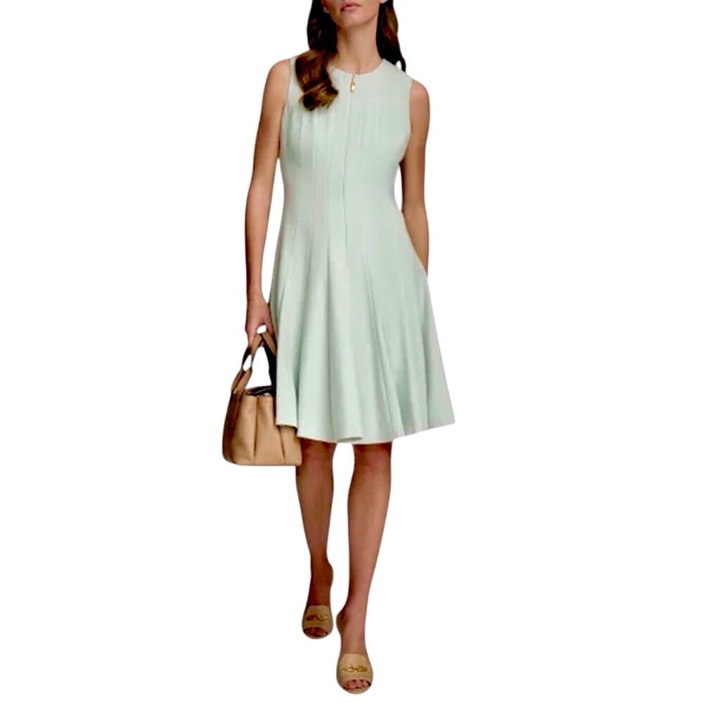 Donna Karan Front Zip Dress Green Sleeveless Fit And Flare Crepe Size 6
